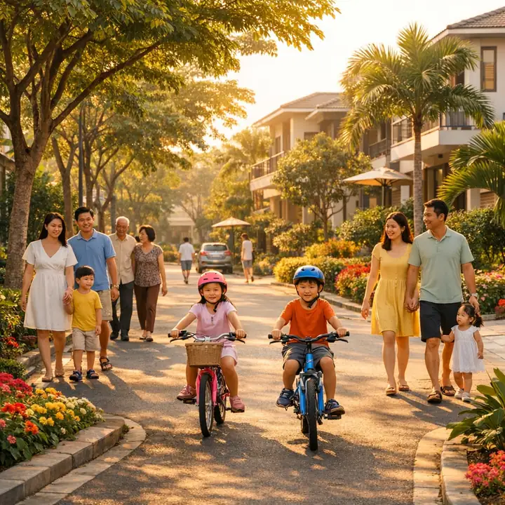 Cư dân đi dạo trên đường nội khu xanh mát
